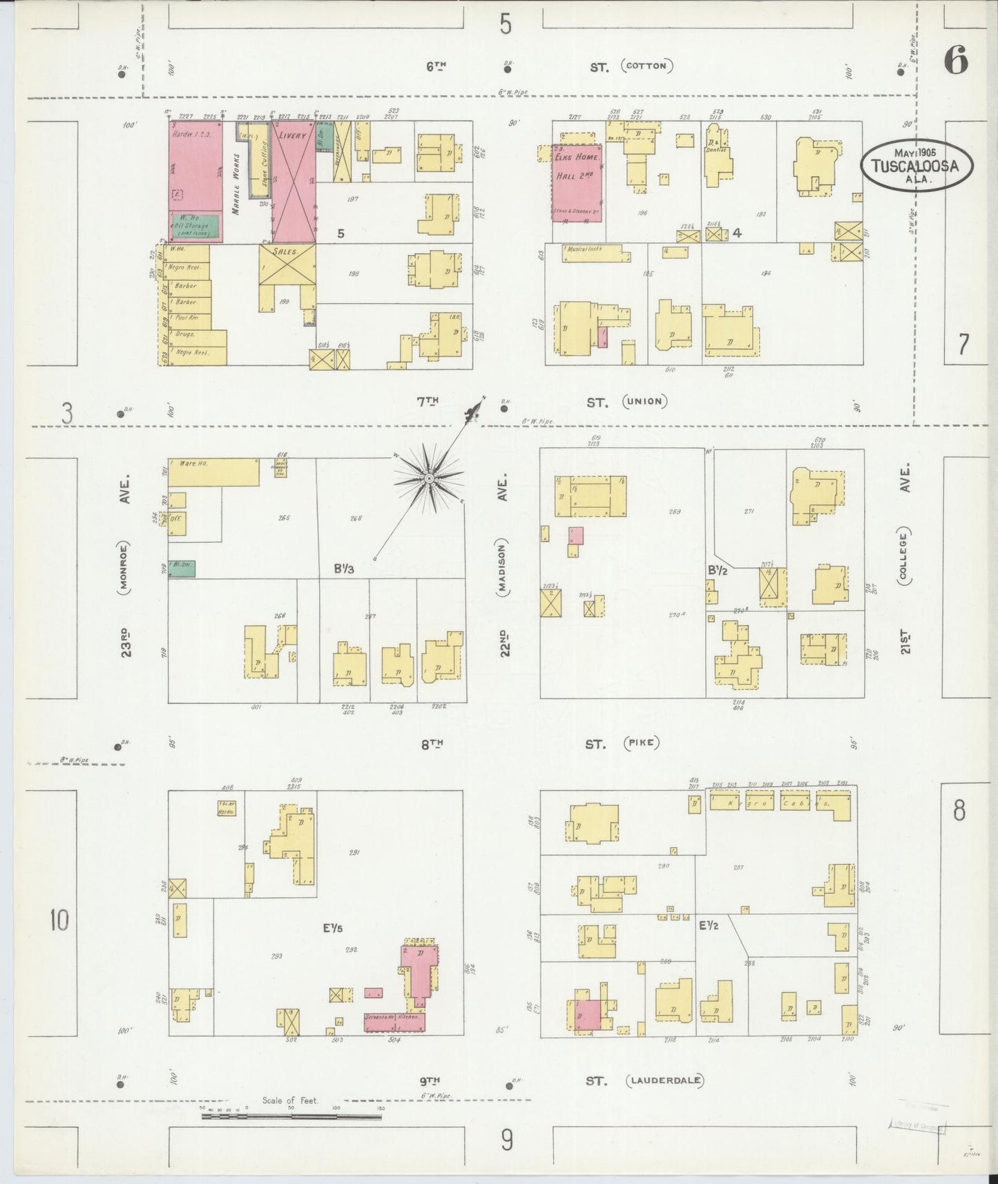 Sanborn Fire Insurance Map from Tuscaloosa, Tuscaloosa County, Alabama (1905), Sheet #0006 - Complete Map Set gallery image, historic Sanborn map, vintage wall art, Alabama Alabama