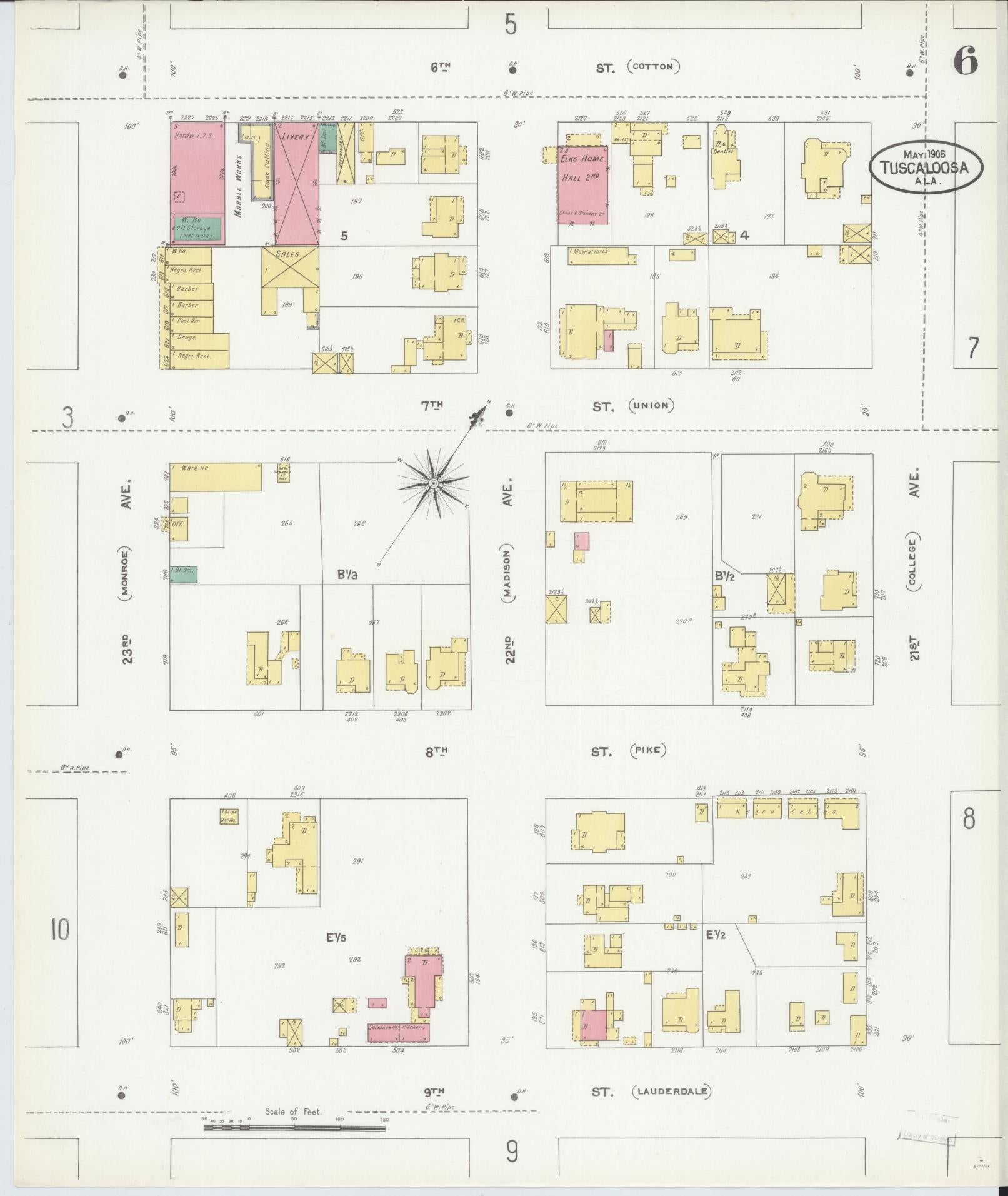 Sanborn Fire Insurance Map from Tuscaloosa, Tuscaloosa County, Alabama (1905), Sheet #0006 - Complete Map Set gallery image, historic Sanborn map, vintage wall art, Alabama Alabama