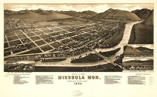 Bird's eye view of Missoula, Mon. county seat of Missoula County 1884. (1884) – Historic Bird’s-Eye View Panorama Print