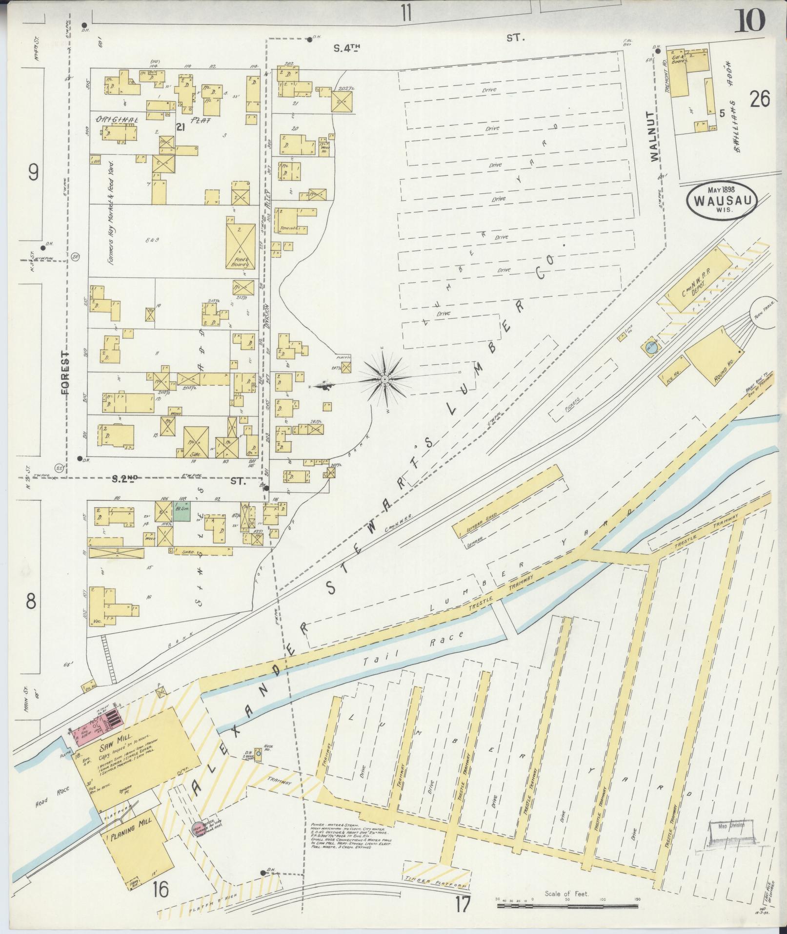 Sanborn Fire Insurance Map from Wausau, Marathon County, Wisconsin (1898), Sheet #0010 - Historic Sanborn Fire Insurance Map Print, vintage old map wall art, antique decor, genealogy gift, Wisconsin Wisconsin map