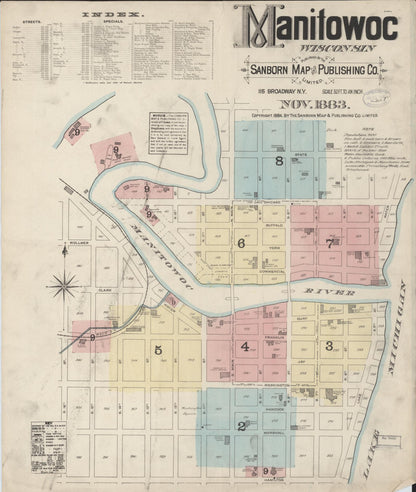Sanborn Fire Insurance Map from Manitowoc, Manitowoc County, Wisconsin (1883), Sheet #0001 - Complete Map Set gallery image, historic Sanborn map, vintage wall art, Wisconsin Wisconsin