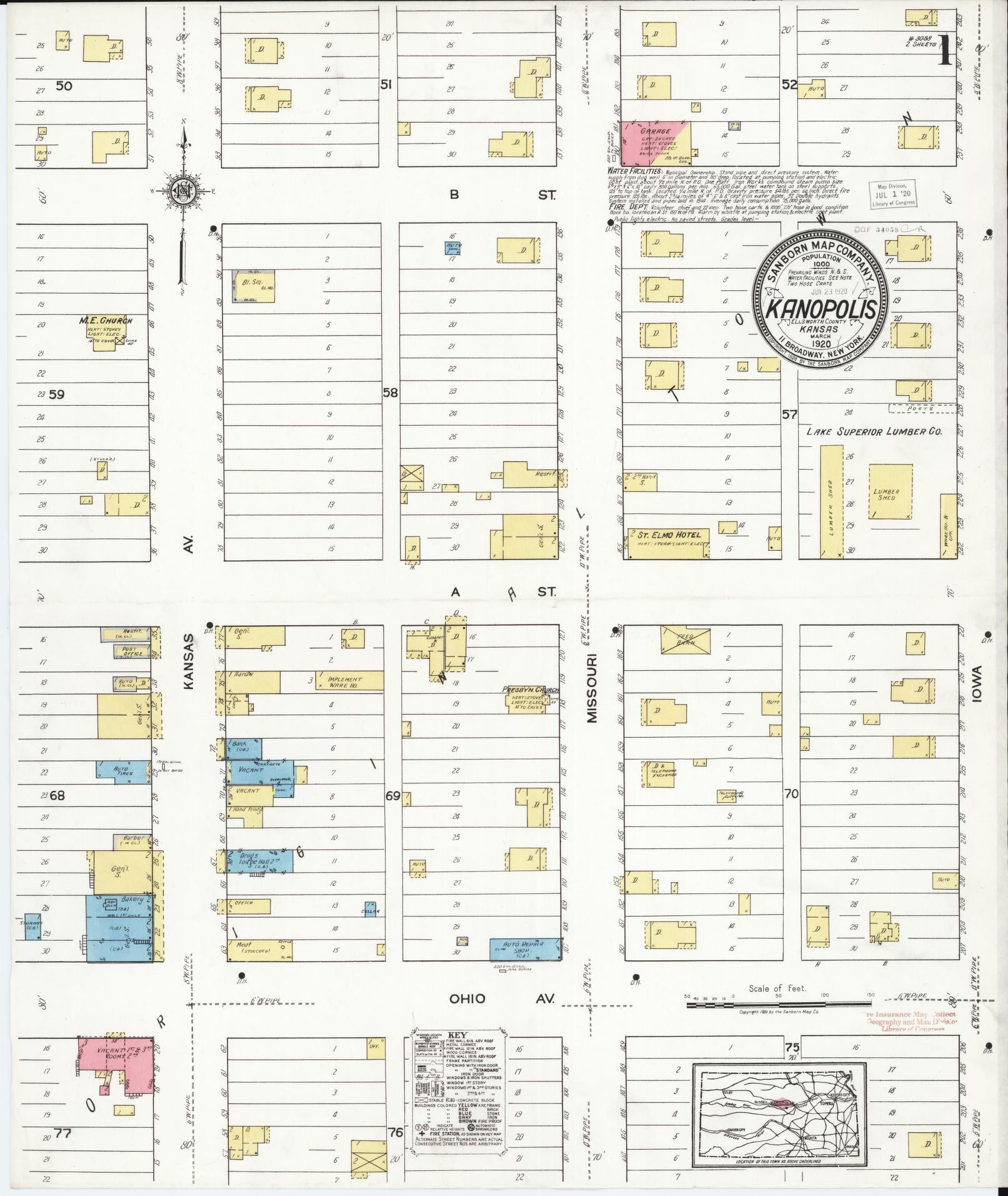 Sanborn Fire Insurance Map from Kanopolis, Ellsworth County, Kansas (1920), Sheet #0001 - Complete Map Set gallery image, historic Sanborn map, vintage wall art, Kansas Kansas