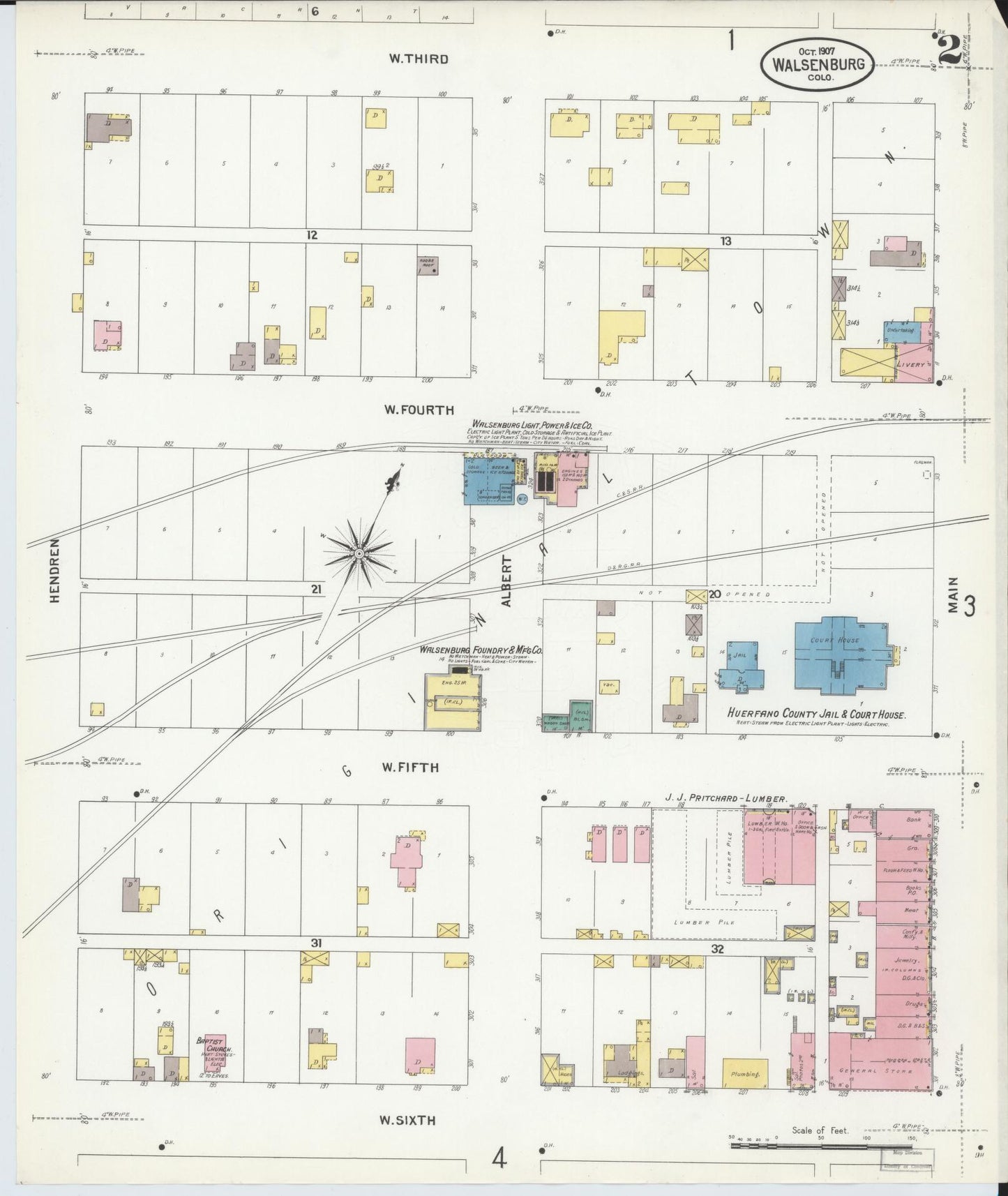 Sanborn Fire Insurance Map from Walsenburg, Huerfano County, Colorado (1907), Sheet #0002 - Complete Map Set gallery image, historic Sanborn map, vintage wall art, Colorado Colorado