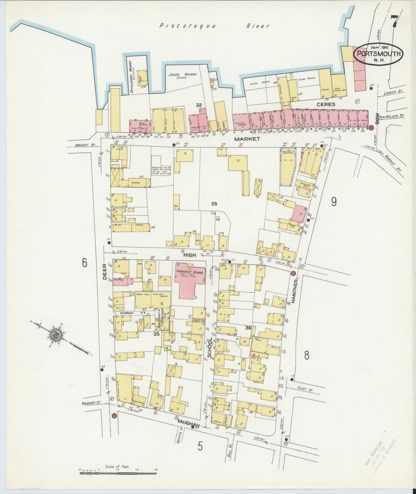 Sanborn Fire Insurance Map from Portsmouth, Rockingham County, New Hampshire (1910), Sheet #0007 - Historic Sanborn Fire Insurance Map Print, vintage old map wall art, antique decor, genealogy gift, New Hampshire New Hampshire map