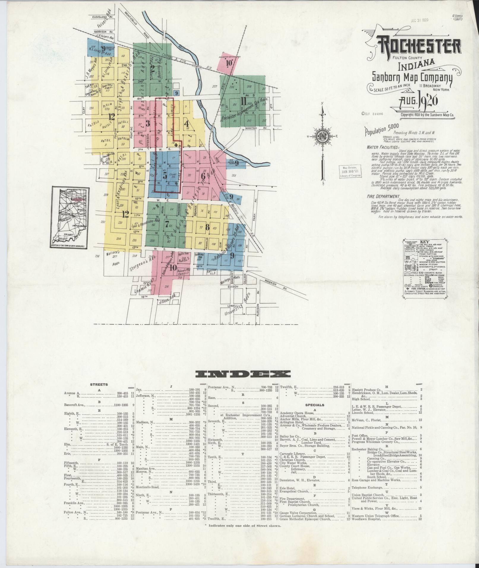 Sanborn Fire Insurance Map from Rochester, Fulton County, Indiana (1920), Sheet #0001 - Complete Map Set gallery image, historic Sanborn map, vintage wall art, Indiana Indiana