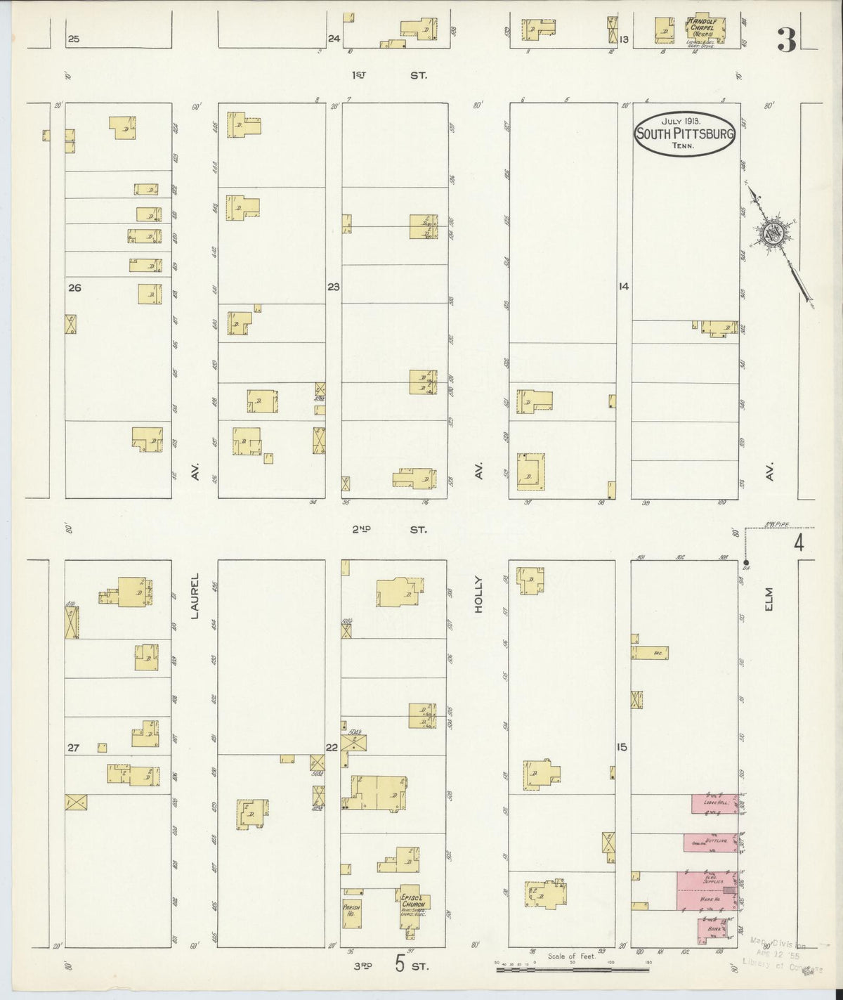 Sanborn Fire Insurance Map from South Pittsburg, Marion County, Tennessee (1913), Sheet #0003 - Complete Map Set gallery image, historic Sanborn map, vintage wall art, Tennessee Tennessee
