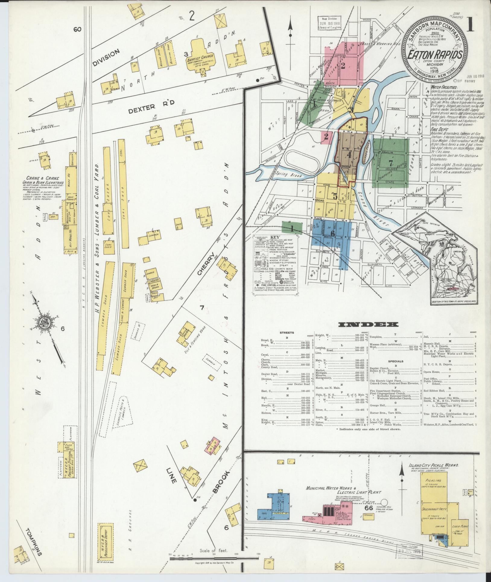 Sanborn Fire Insurance Map from Eaton Rapids, Eaton County, Michigan (1918), Sheet #0001 - Historic Sanborn Fire Insurance Map Print, vintage old map wall art, antique decor, genealogy gift, Michigan Michigan map