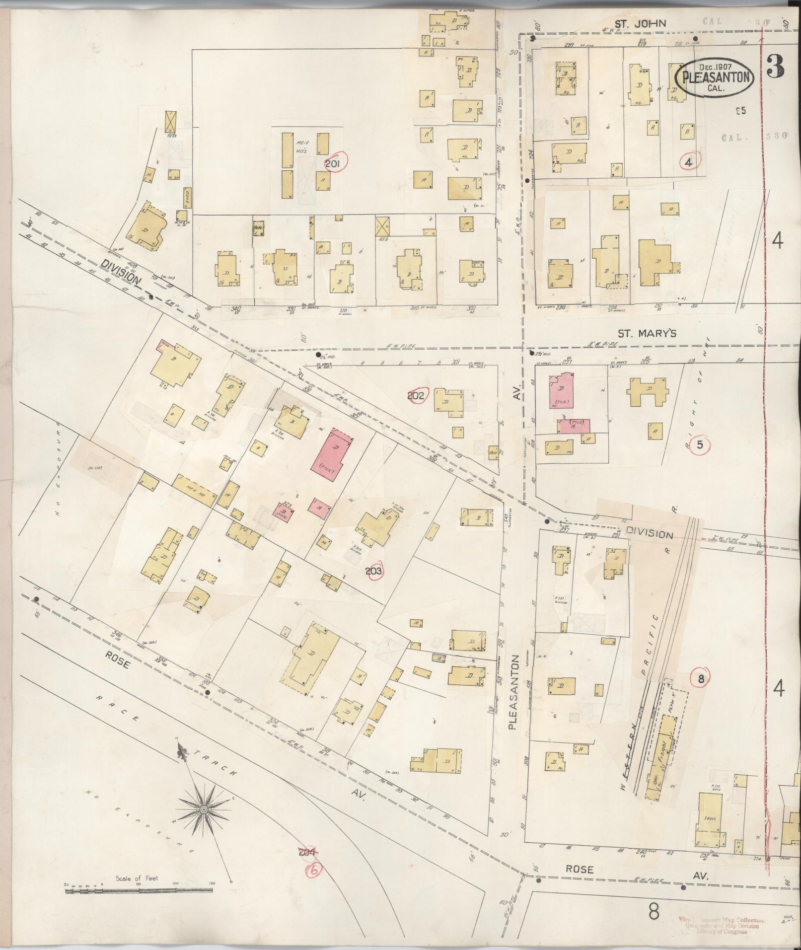 Sanborn Fire Insurance Map from Pleasanton, Alameda County, California (1943), Sheet #0003 - Complete Map Set gallery image, historic Sanborn map, vintage wall art, California California
