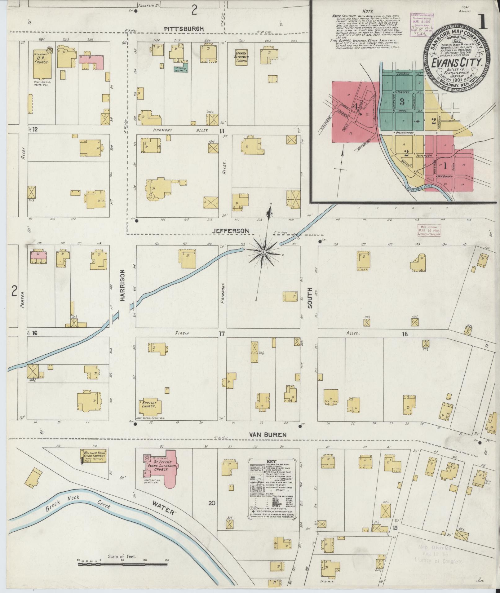 Sanborn Fire Insurance Map from Evans City, Butler County, Pennsylvania (1906), Sheet #0001 - Historic Sanborn Fire Insurance Map Print, vintage old map wall art, antique decor, genealogy gift, Pennsylvania Pennsylvania map