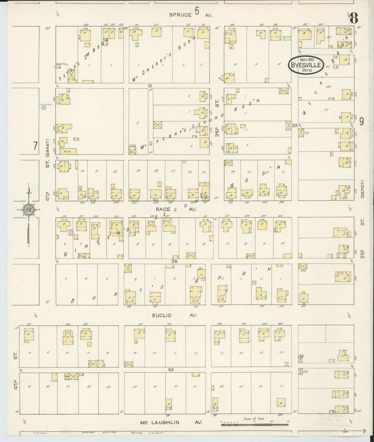 Sanborn Fire Insurance Map from Byesville, Guernsey County, Ohio (1913), Sheet #0008 - Historic Sanborn Fire Insurance Map Print, vintage old map wall art, antique decor, genealogy gift, Ohio Ohio map
