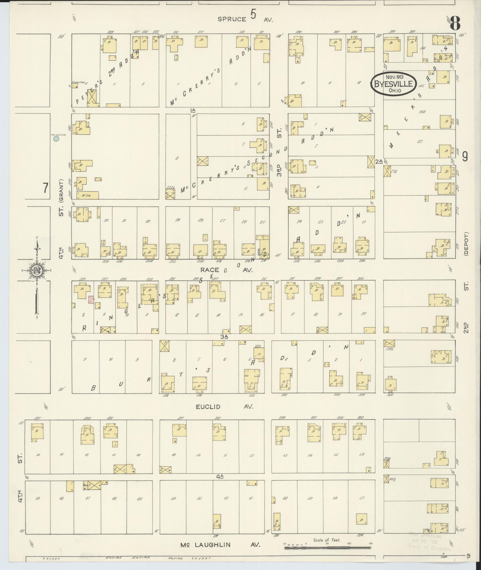 Sanborn Fire Insurance Map from Byesville, Guernsey County, Ohio (1913), Sheet #0008 - Historic Sanborn Fire Insurance Map Print, vintage old map wall art, antique decor, genealogy gift, Ohio Ohio map