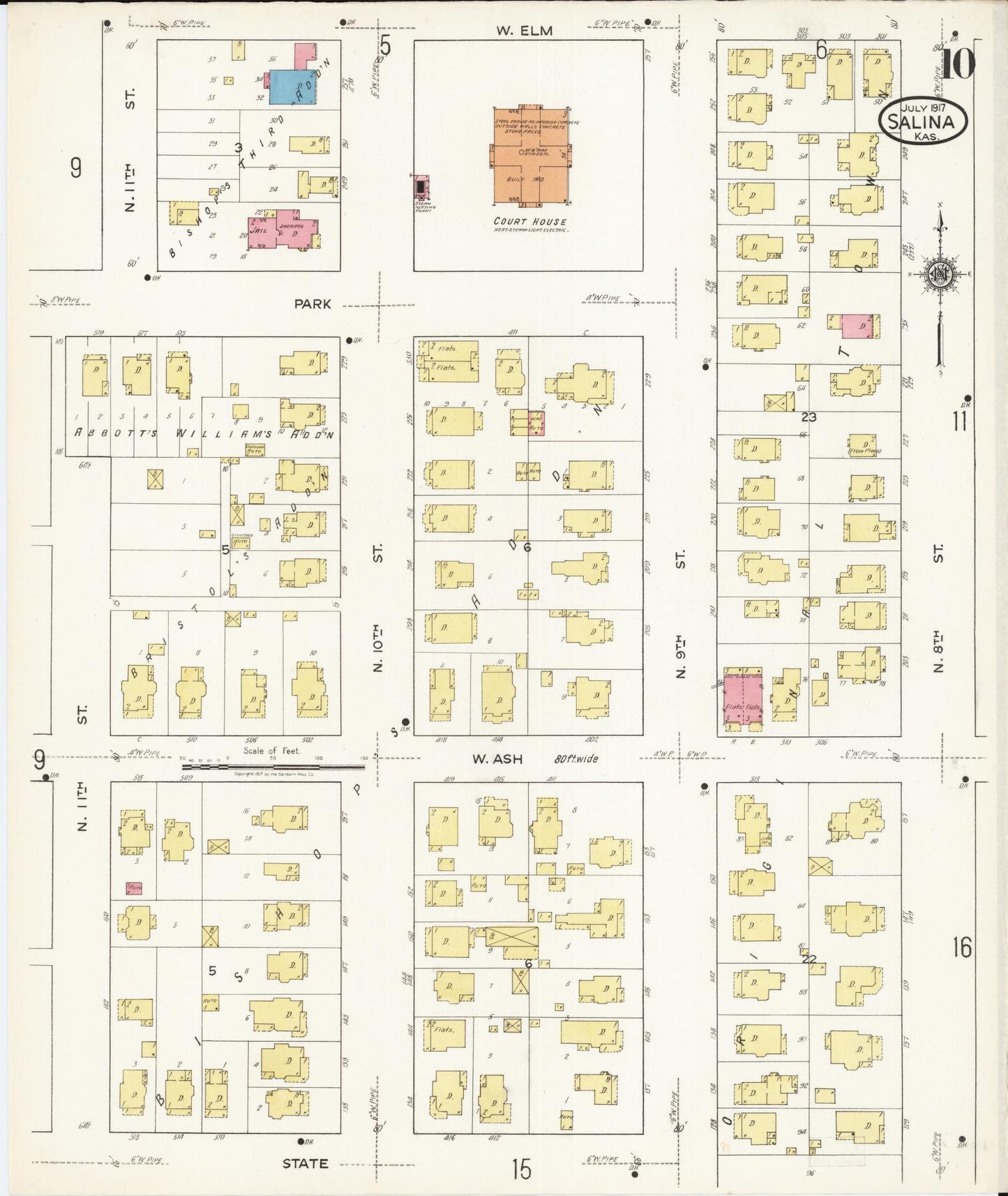 Sanborn Fire Insurance Map from Salina, Saline County, Kansas (1917), Sheet #0010 - Historic Sanborn Fire Insurance Map Print, vintage old map wall art, antique decor, genealogy gift, Kansas Kansas map