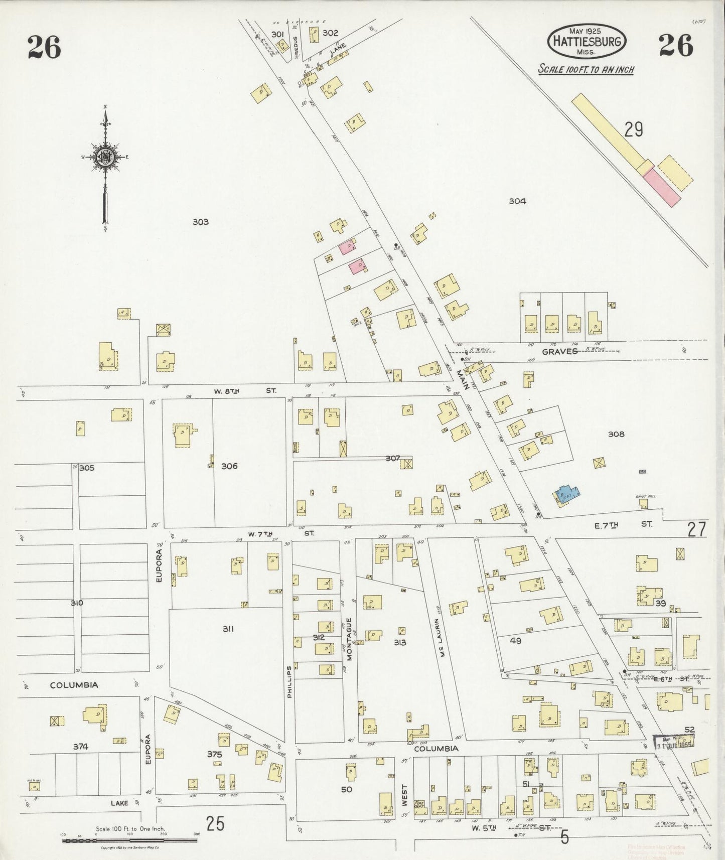 Sanborn Fire Insurance Map from Hattiesburg, Forrest County, Mississippi (1925), Sheet #0026 - Historic Sanborn Fire Insurance Map Print, vintage old map wall art, antique decor, genealogy gift, Mississippi Mississippi map