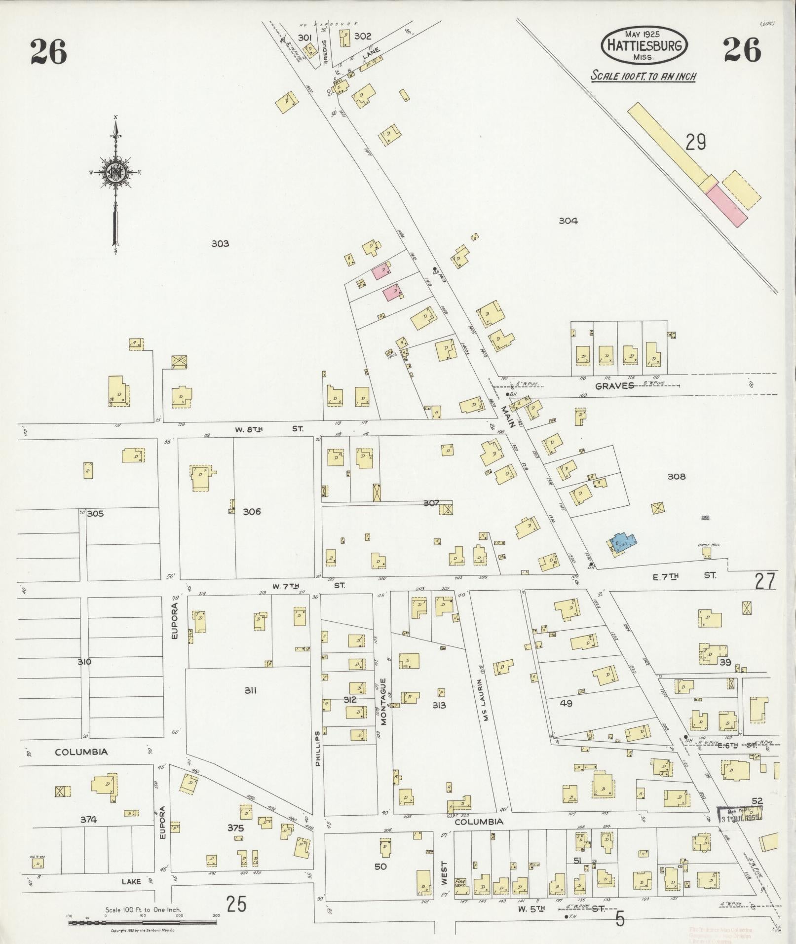 Sanborn Fire Insurance Map from Hattiesburg, Forrest County, Mississippi (1925), Sheet #0026 - Historic Sanborn Fire Insurance Map Print, vintage old map wall art, antique decor, genealogy gift, Mississippi Mississippi map