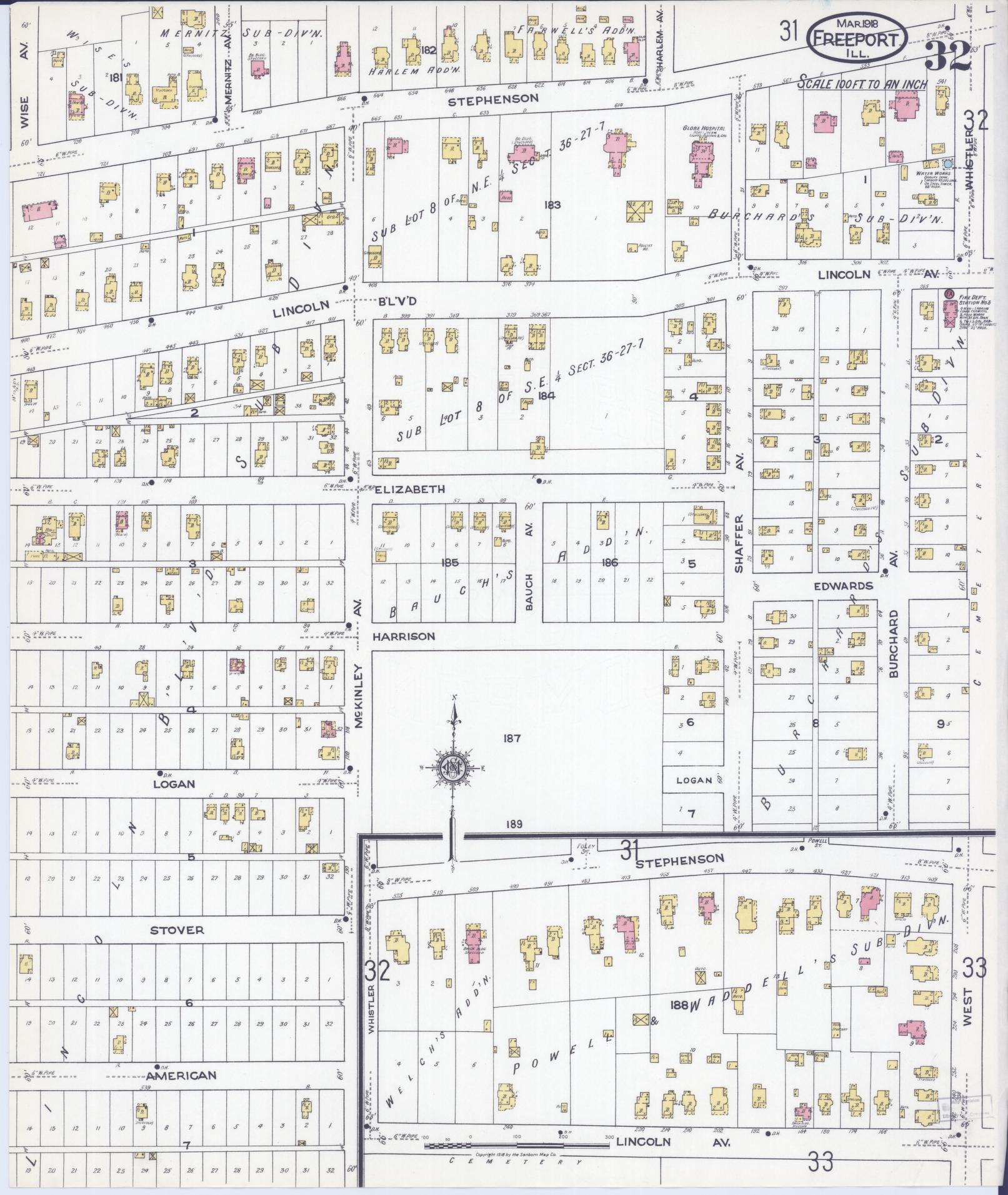 Sanborn Fire Insurance Map from Freeport, Stephenson County, Illinois (1918), Sheet #0032 - Complete Map Set gallery image, historic Sanborn map, vintage wall art, Illinois Illinois