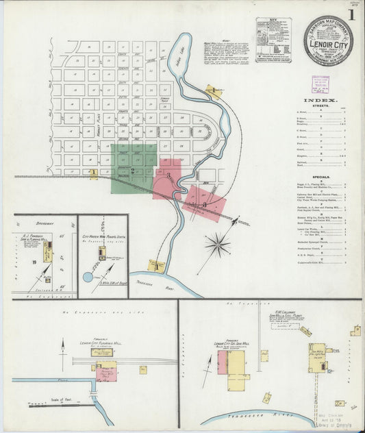 Sanborn Fire Insurance Map from Lenoir City, Loudon County, Tennessee (1906), Sheet #0001 - Complete Map Set gallery image, historic Sanborn map, vintage wall art, Tennessee Tennessee