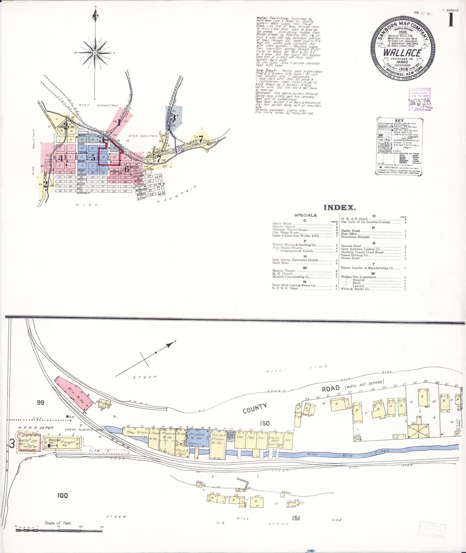 Sanborn Fire Insurance Map from Wallace, Shoshone County, Idaho (1908), Sheet #0001 - Complete Map Set gallery image, historic Sanborn map, vintage wall art, Idaho Idaho
