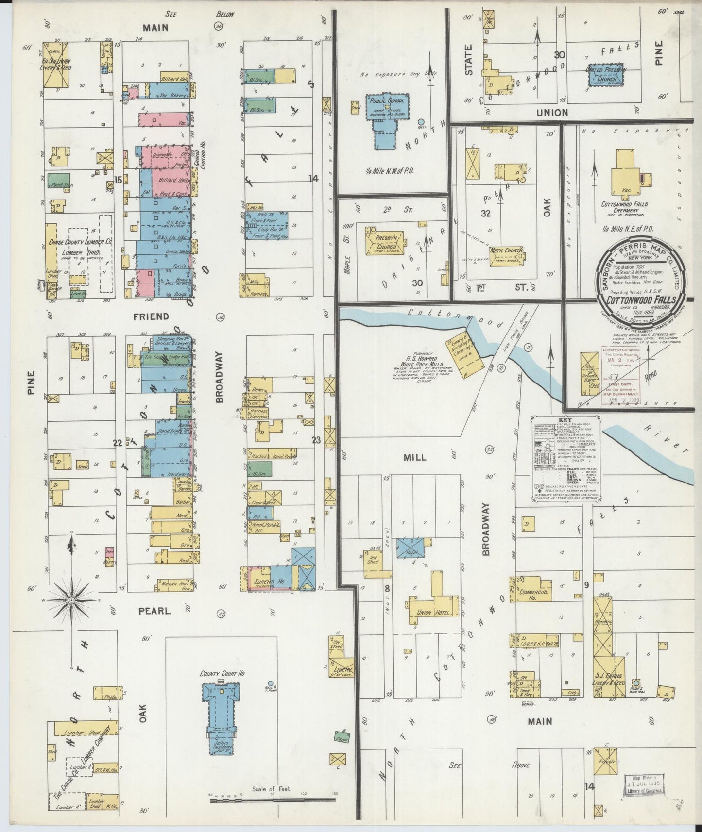 Sanborn Fire Insurance Map from Cottonwood Falls, Chase County, Kansas (1899), Sheet #0001 - Historic Sanborn Fire Insurance Map Print, vintage old map wall art, antique decor, genealogy gift, Kansas Kansas map