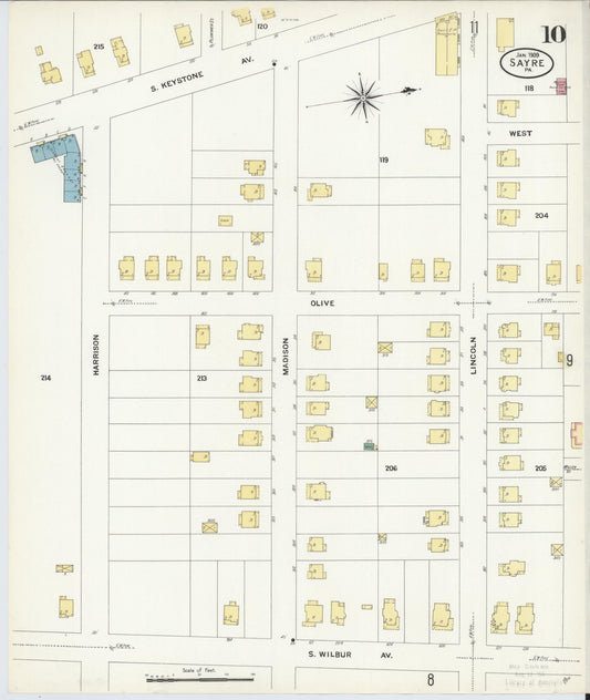 Sanborn Fire Insurance Map from Sayre, Bradford County, Pennsylvania (1909), Sheet #0010 - Historic Sanborn Fire Insurance Map Print, vintage old map wall art, antique decor, genealogy gift, Pennsylvania Pennsylvania map