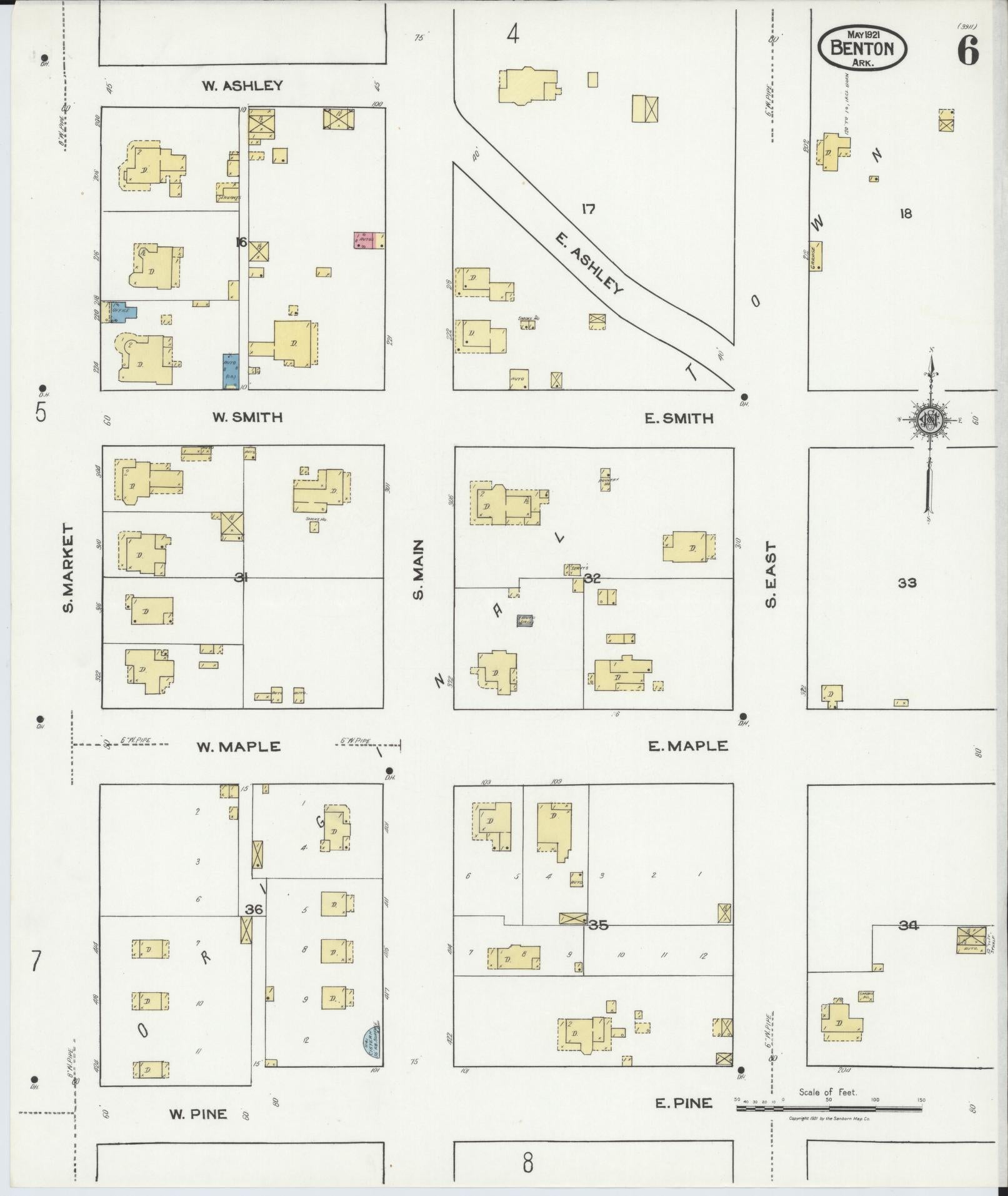 Sanborn Fire Insurance Map from Benton, Saline County, Arkansas (1921), Sheet #0006 - Historic Sanborn Fire Insurance Map Print, vintage old map wall art, antique decor, genealogy gift, Arkansas Arkansas map