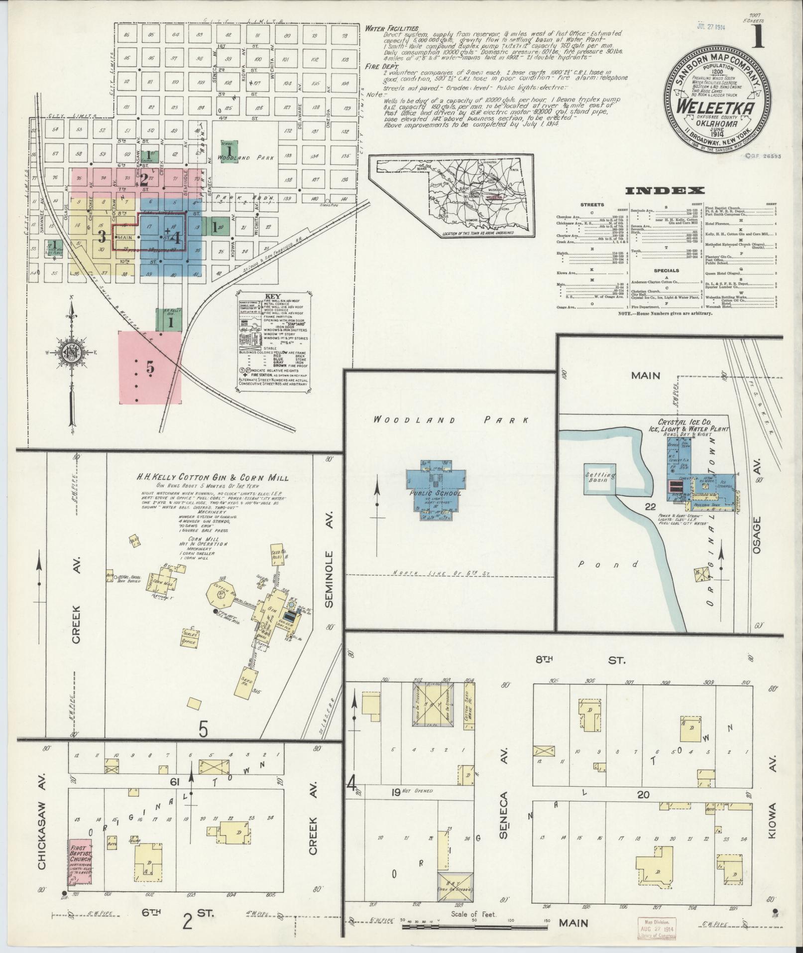 Sanborn Fire Insurance Map from Weleetka, Okfuskee County, Oklahoma (1914), Sheet #0001 - Historic Sanborn Fire Insurance Map Print, vintage old map wall art, antique decor, genealogy gift, Oklahoma Oklahoma map