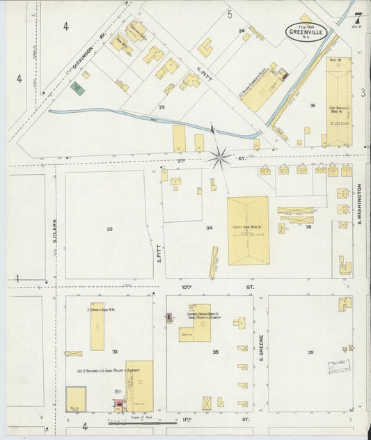 Sanborn Fire Insurance Map from Greenville, Pitt County, North Carolina (1905), Sheet #0007 - Historic Sanborn Fire Insurance Map Print, vintage old map wall art, antique decor, genealogy gift, North Carolina North Carolina map