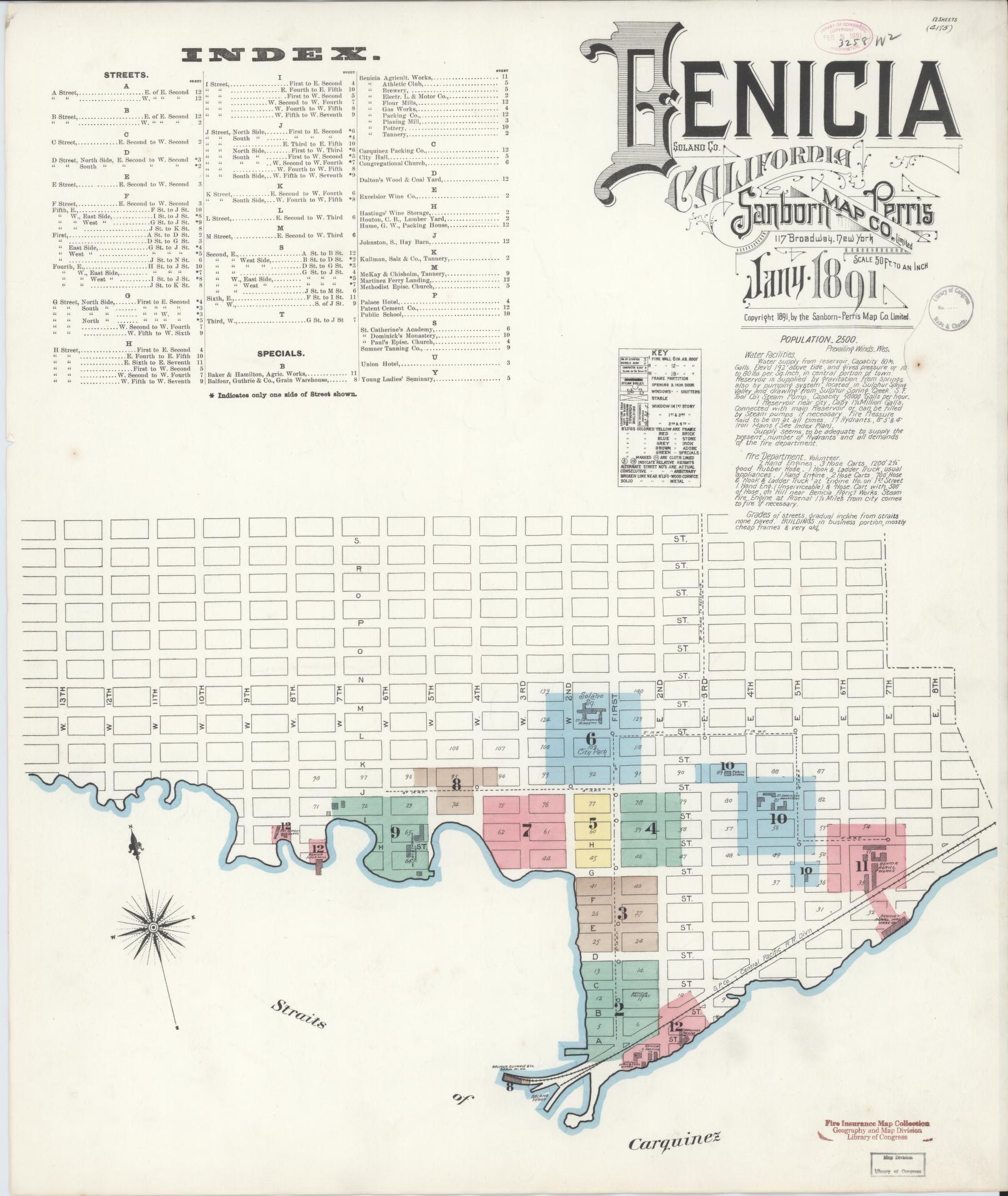 Sanborn Fire Insurance Map from Benicia, Solano County, California (1891), Sheet #0001 - Historic Sanborn Fire Insurance Map Print, vintage old map wall art, antique decor, genealogy gift, California California map