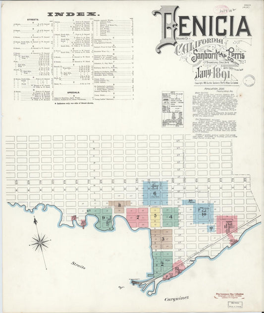 Sanborn Fire Insurance Map from Benicia, Solano County, California (1891), Sheet #0001 - Historic Sanborn Fire Insurance Map Print, vintage old map wall art, antique decor, genealogy gift, California California map