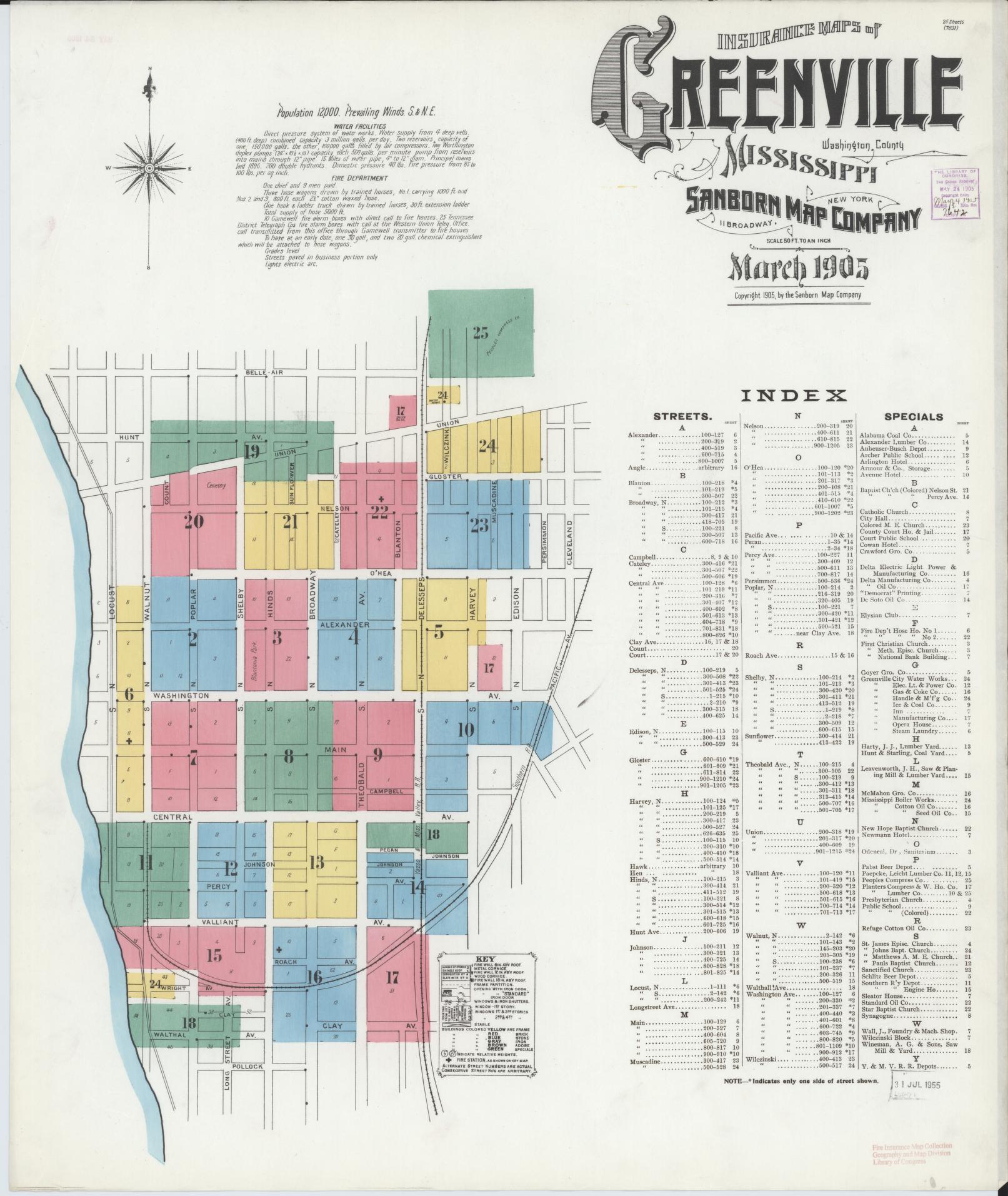 Sanborn Fire Insurance Map from Greenville, Washington County, Mississippi (1905), Sheet #0001 - Historic Sanborn Fire Insurance Map Print, vintage old map wall art, antique decor, genealogy gift, Mississippi Mississippi map
