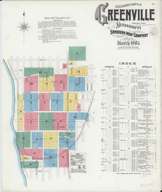 Sanborn Fire Insurance Map from Greenville, Washington County, Mississippi (1905), Sheet #0001 - Historic Sanborn Fire Insurance Map Print, vintage old map wall art, antique decor, genealogy gift, Mississippi Mississippi map