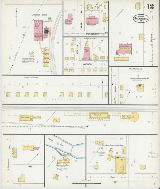 Sanborn Fire Insurance Map from Greenville, Greenville County, South Carolina (1902), Sheet #0012 - Historic Sanborn Fire Insurance Map Print, vintage old map wall art, antique decor, genealogy gift, South Carolina South Carolina map