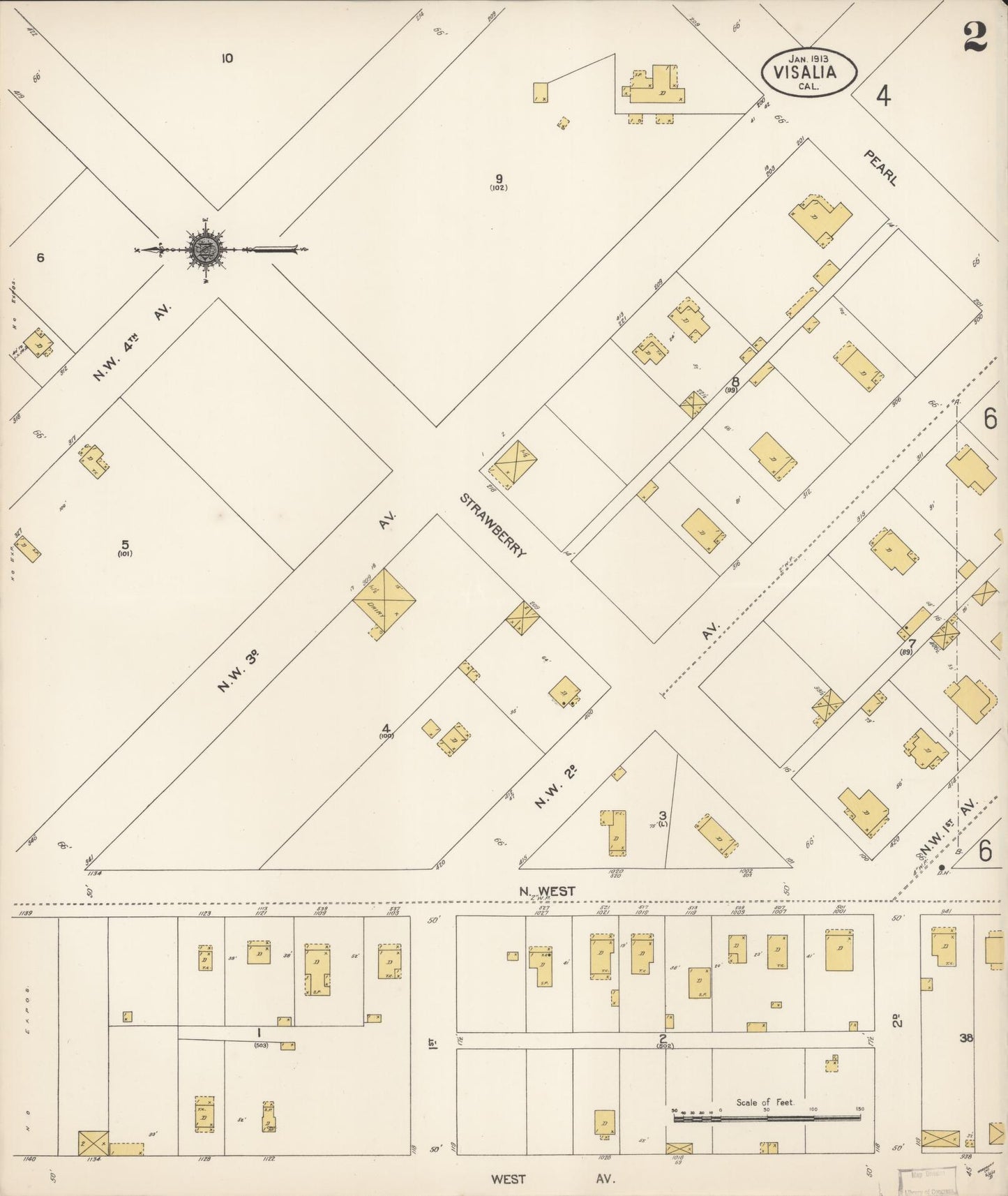 Sanborn Fire Insurance Map from Visalia, Tulare County, California (1913), Sheet #0002 - Complete Map Set gallery image, historic Sanborn map, vintage wall art, California California