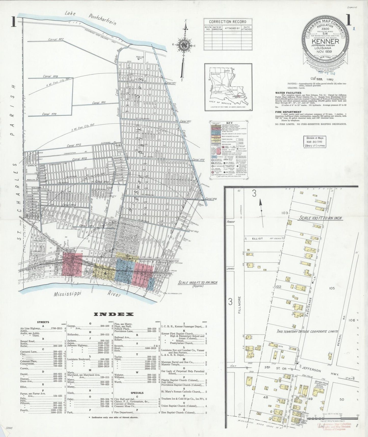 Sanborn Fire Insurance Map from Kenner, Jefferson Parish, Louisiana (1939), Sheet #0001 - Historic Sanborn Fire Insurance Map Print, vintage old map wall art, antique decor, genealogy gift, Louisiana Louisiana map
