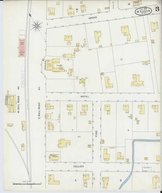 Sanborn Fire Insurance Map from Wesson, Copiah County, Mississippi (1895), Sheet #0003 - Historic Sanborn Fire Insurance Map Print, vintage old map wall art, antique decor, genealogy gift, Mississippi Mississippi map