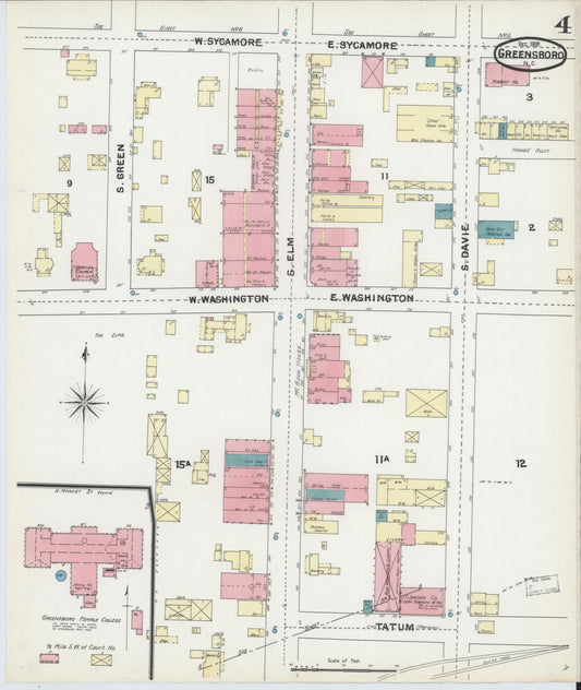 Sanborn Fire Insurance Map from Greensboro, Guilford County, North Carolina (1891), Sheet #0004 - Historic Sanborn Fire Insurance Map Print, vintage old map wall art, antique decor, genealogy gift, North Carolina North Carolina map