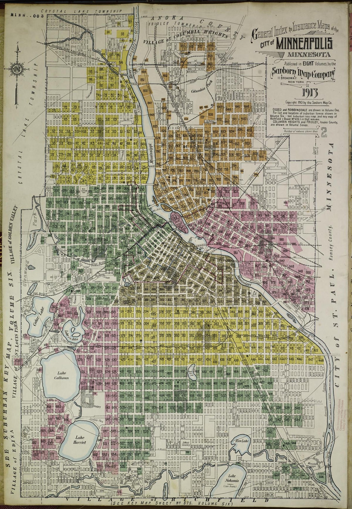 Sanborn Fire Insurance Map from Minneapolis, Hennepin County, Minnesota (1913), Sheet #0001 - Historic Sanborn Fire Insurance Map Print, vintage old map wall art, antique decor, genealogy gift, Minnesota Minnesota map