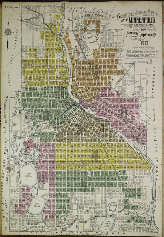 Sanborn Fire Insurance Map from Minneapolis, Hennepin County, Minnesota (1913), Sheet #0001 - Historic Sanborn Fire Insurance Map Print, vintage old map wall art, antique decor, genealogy gift, Minnesota Minnesota map