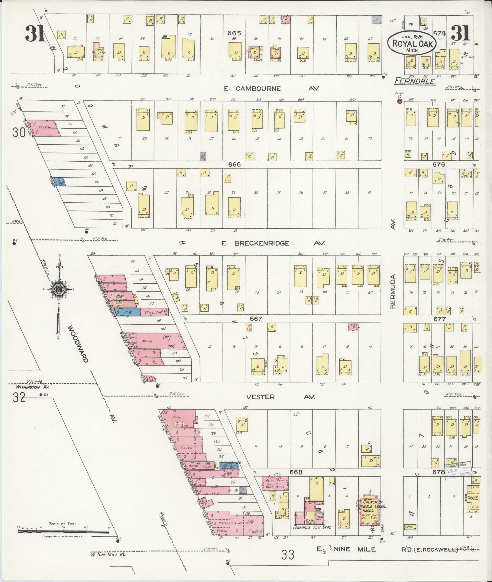 Sanborn Fire Insurance Map from Royal Oak, Oakland County, Michigan (1926), Sheet #0031 - Complete Map Set gallery image, historic Sanborn map, vintage wall art, Michigan Michigan