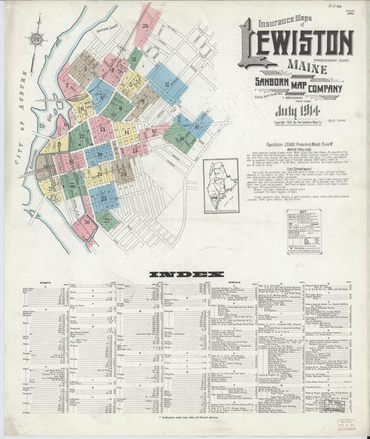 Sanborn Fire Insurance Map from Lewiston, Androscoggin County, Maine (1914), Sheet #0001 - Complete Map Set gallery image, historic Sanborn map, vintage wall art, Maine Maine
