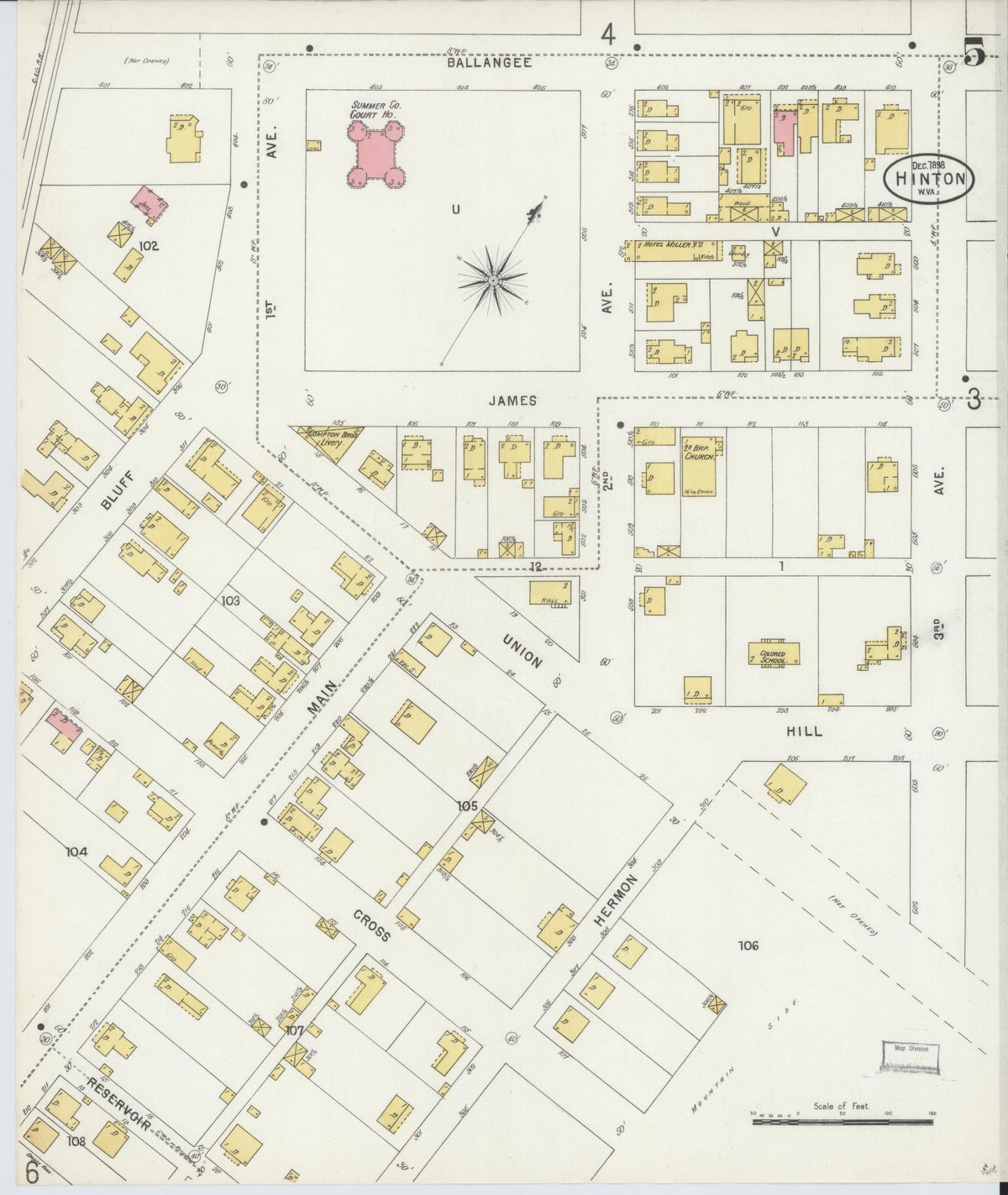 Sanborn Fire Insurance Map from Hinton, Summer County, West Virginia (1898), Sheet #0005 - Complete Map Set gallery image, historic Sanborn map, vintage wall art, West Virginia West Virginia