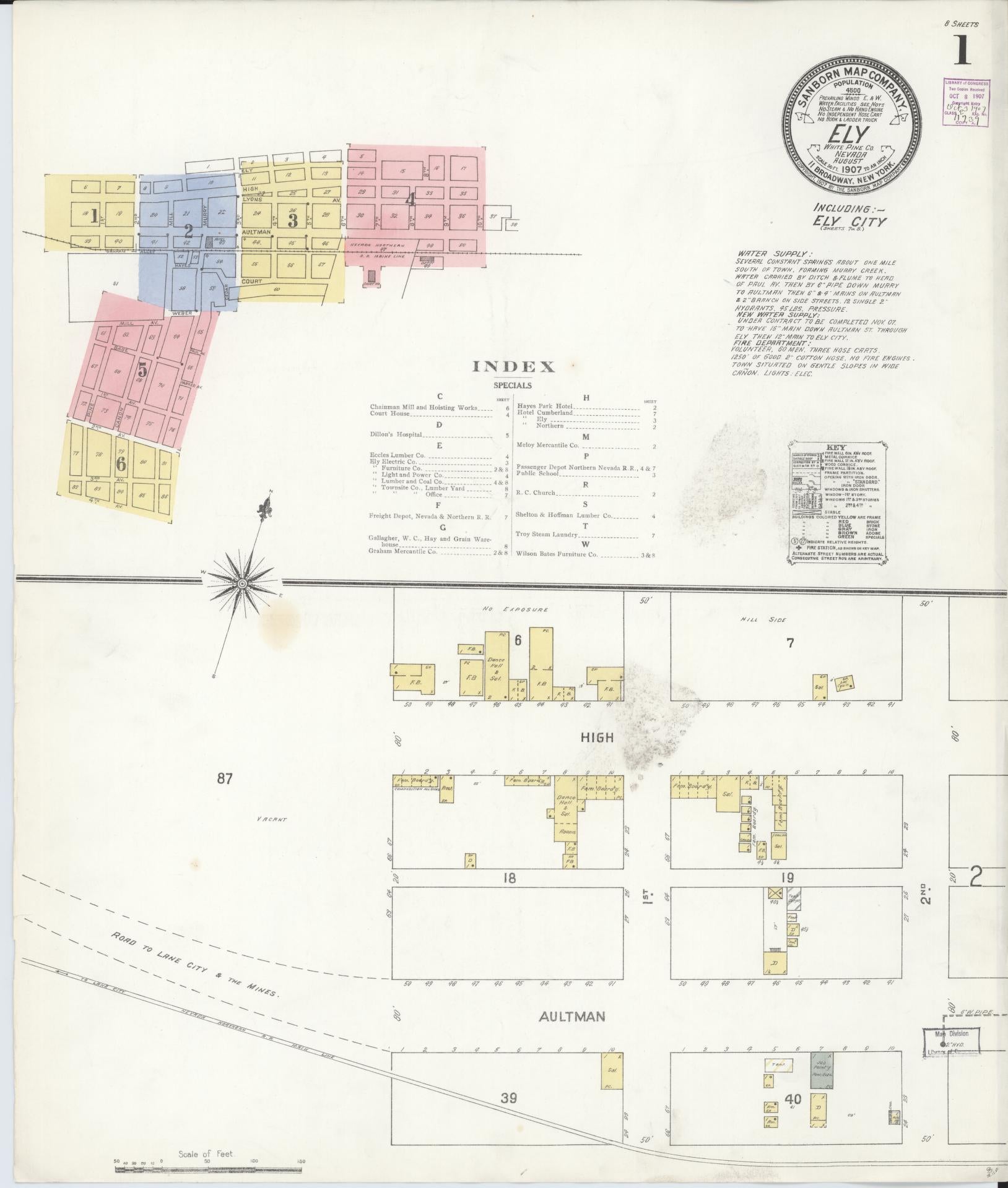 Sanborn Fire Insurance Map from Ely, White Pine County, Nevada (1907), Sheet #0001 - Historic Sanborn Fire Insurance Map Print, vintage old map wall art, antique decor, genealogy gift, Nevada Nevada map