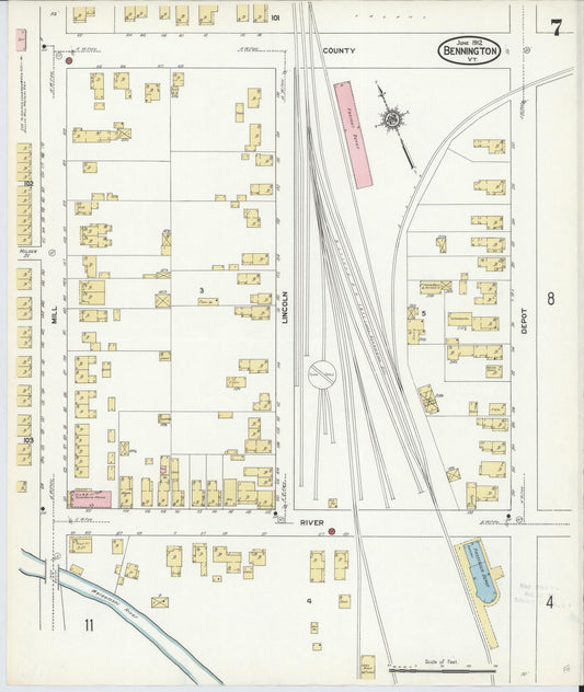 Sanborn Fire Insurance Map from Bennington, Bennington County, Vermont (1912), Sheet #0007 - Historic Sanborn Fire Insurance Map Print, vintage old map wall art, antique decor, genealogy gift, Vermont Vermont map