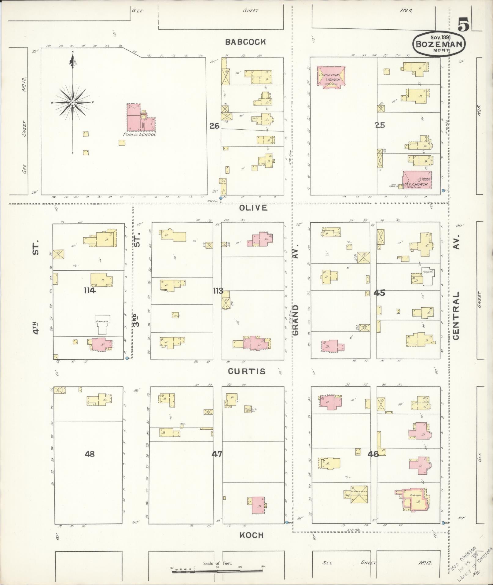 Sanborn Fire Insurance Map from Bozeman, Gallatin County, Montana (1891), Sheet #0005 - Complete Map Set gallery image, historic Sanborn map, vintage wall art, Montana Montana