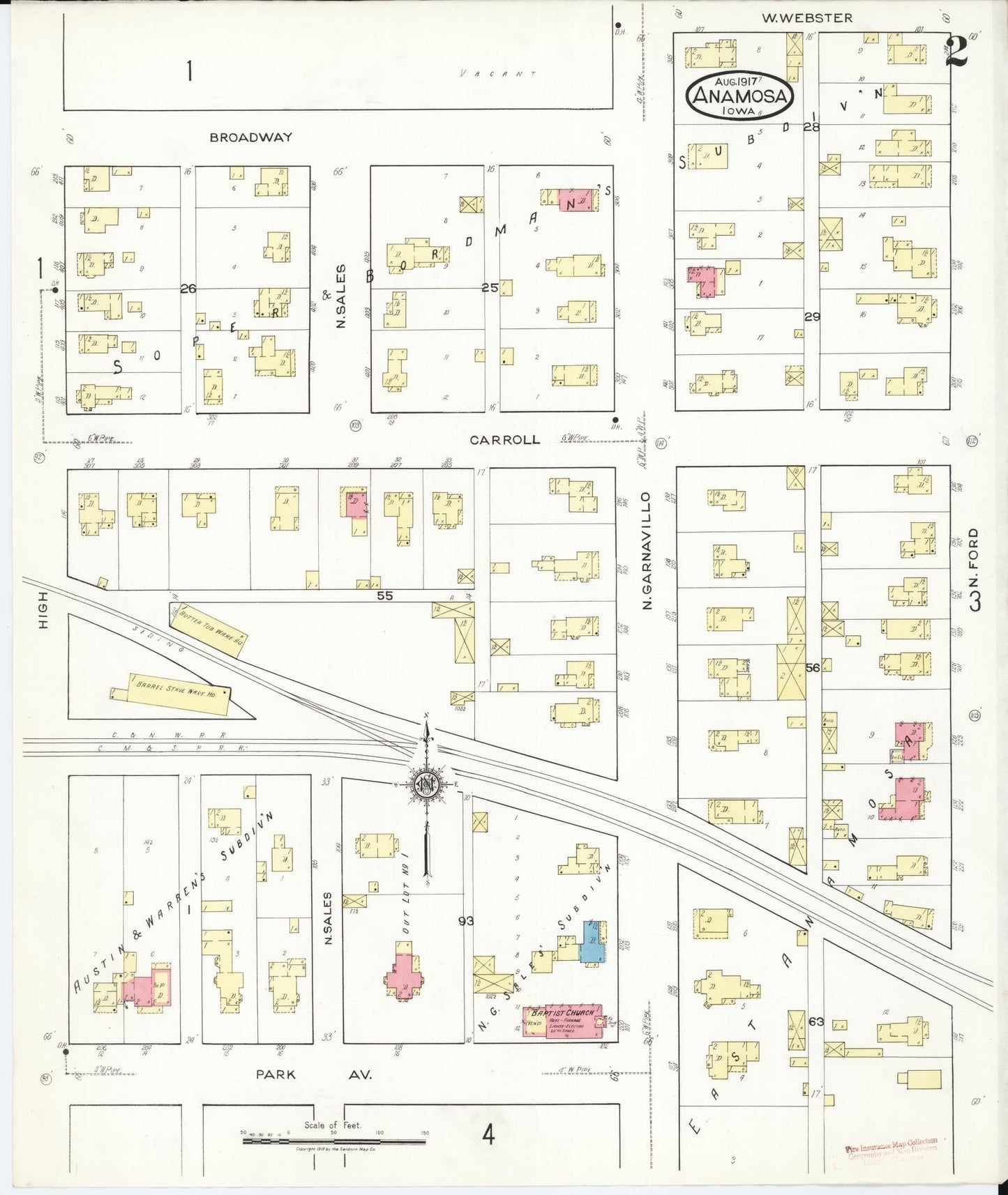 Sanborn Fire Insurance Map from Anamosa, Jones County, Iowa (1917), Sheet #0002 - Historic Sanborn Fire Insurance Map Print, vintage old map wall art