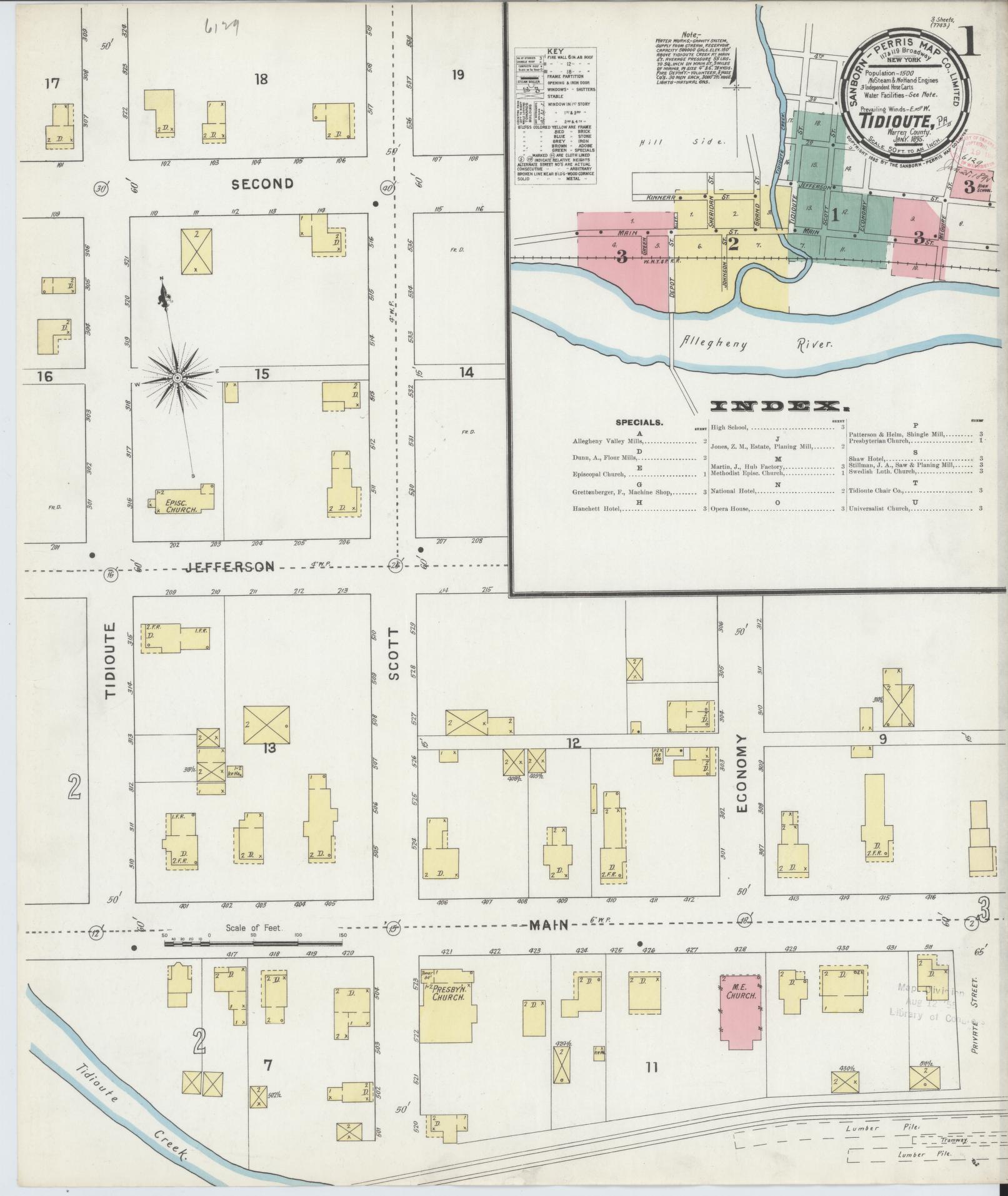 Sanborn Fire Insurance Map from Tidioute, Warren County, Pennsylvania (1895), Sheet #0001 - Complete Map Set gallery image, historic Sanborn map, vintage wall art, Pennsylvania Pennsylvania
