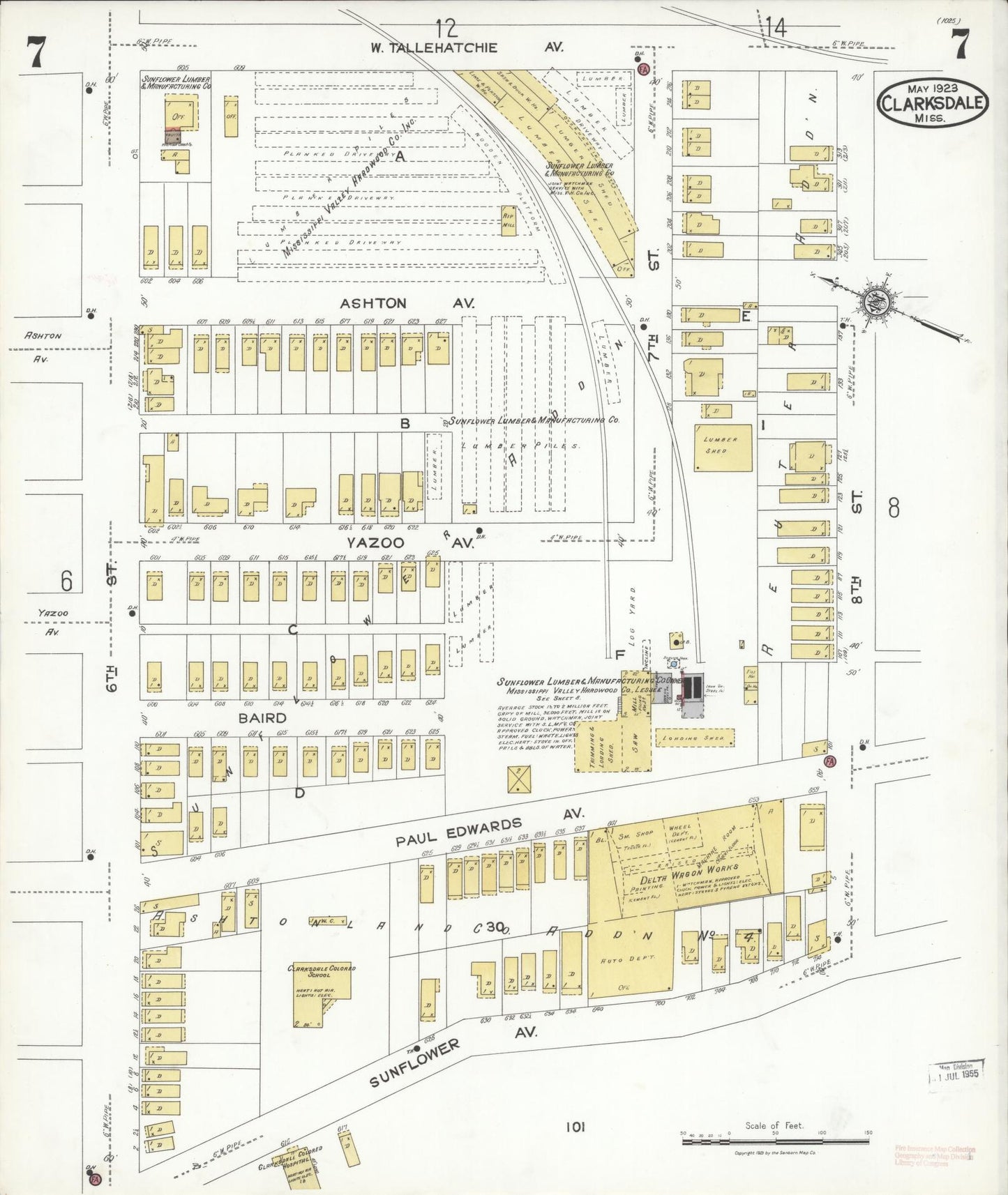 Sanborn Fire Insurance Map from Clarksdale, Coahoma County, Mississippi (1923), Sheet #0007 - Complete Map Set gallery image, historic Sanborn map, vintage wall art, Mississippi Mississippi