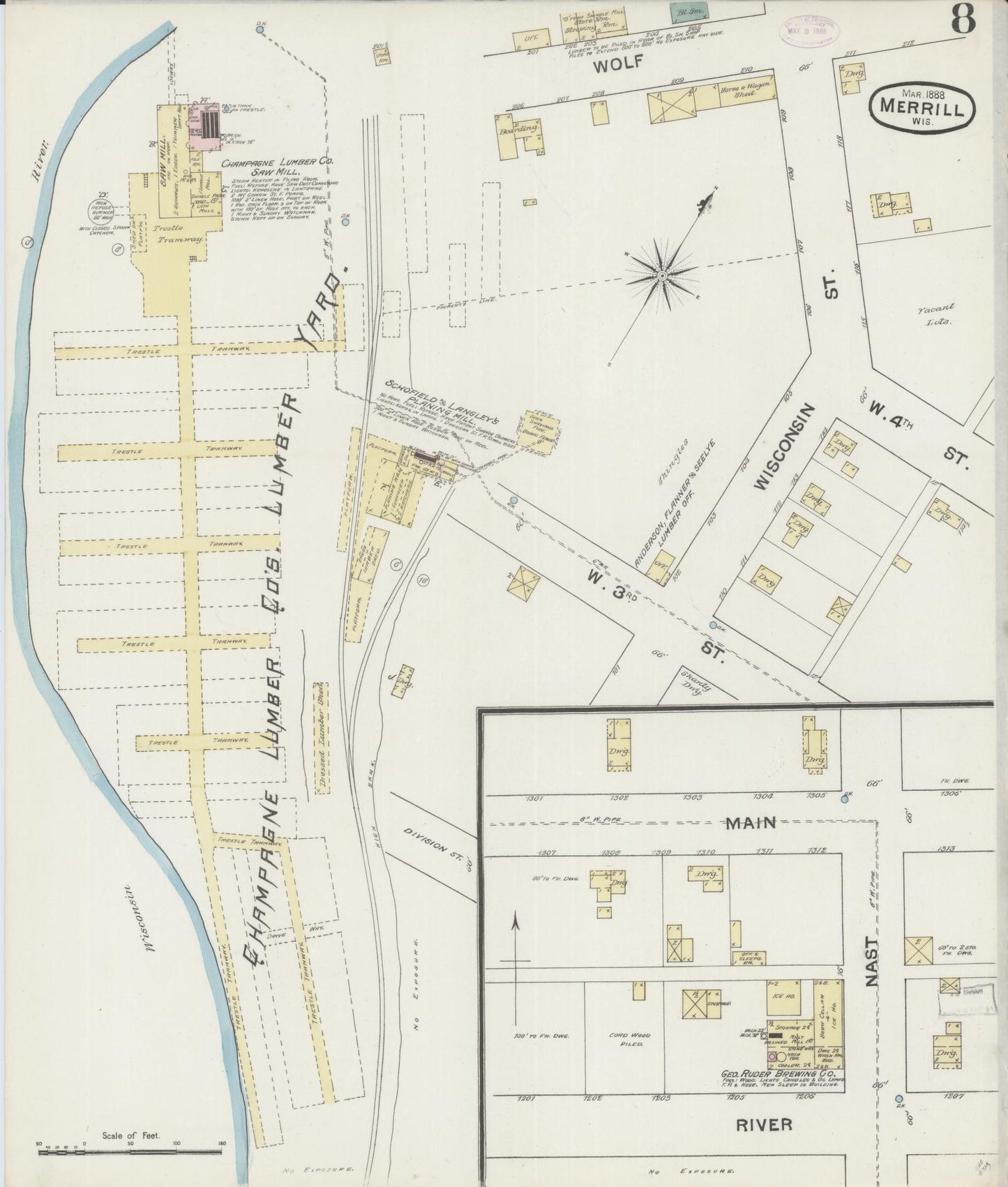 Sanborn Fire Insurance Map from Merrill, Lincoln County, Wisconsin (1888), Sheet #0008 - Complete Map Set gallery image, historic Sanborn map, vintage wall art, Wisconsin Wisconsin