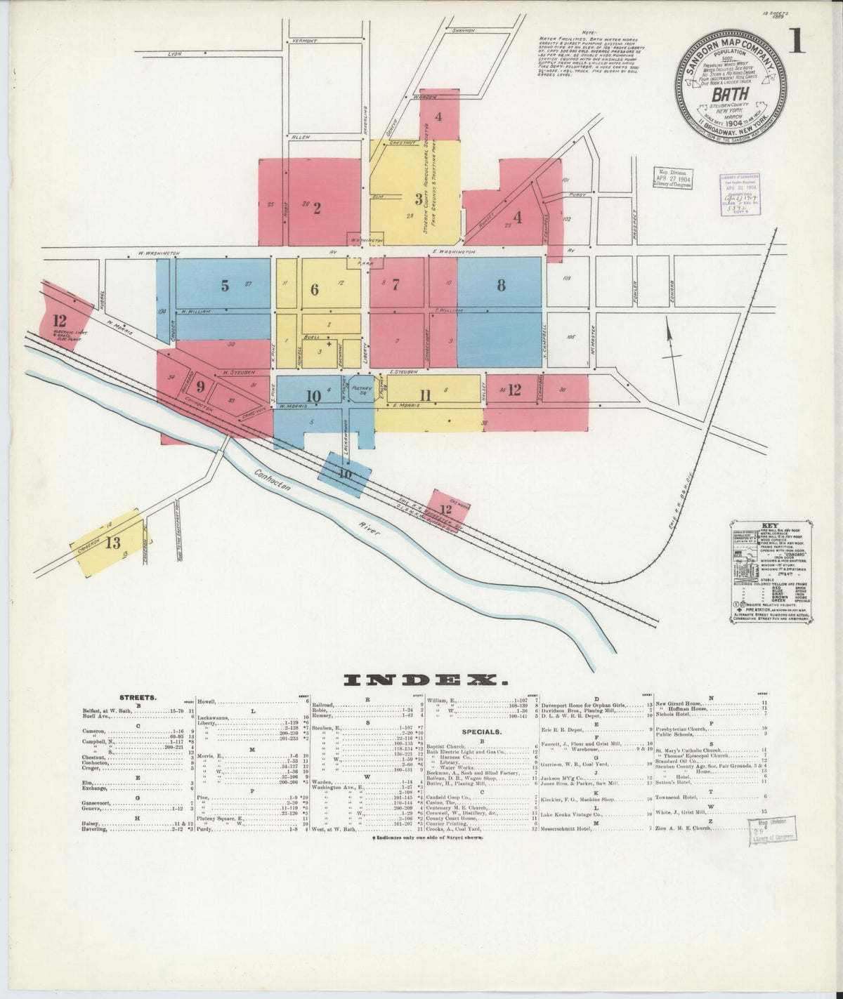Sanborn Fire Insurance Map from Bath, Steuben County, New York (1904), Sheet #0001 - Complete Map Set gallery image, historic Sanborn map, vintage wall art, New York New York