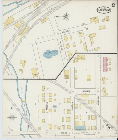 Sanborn Fire Insurance Map from Blackstone, Worcester County, Massachusetts (1893), Sheet #0002 - Historic Sanborn Fire Insurance Map Print, vintage old map wall art, antique decor, genealogy gift, Massachusetts Massachusetts map