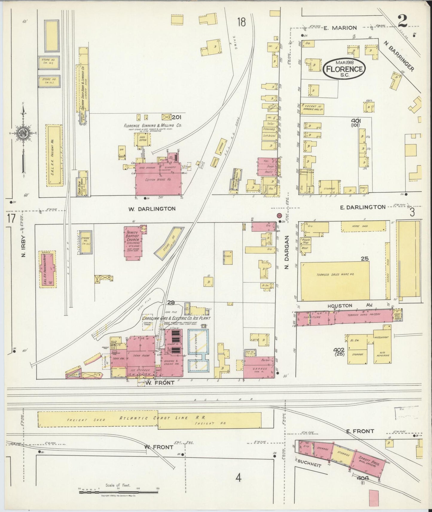 Sanborn Fire Insurance Map from Florence, Florence County, South Carolina (1918), Sheet #0002 - Complete Map Set gallery image, historic Sanborn map, vintage wall art, South Carolina South Carolina